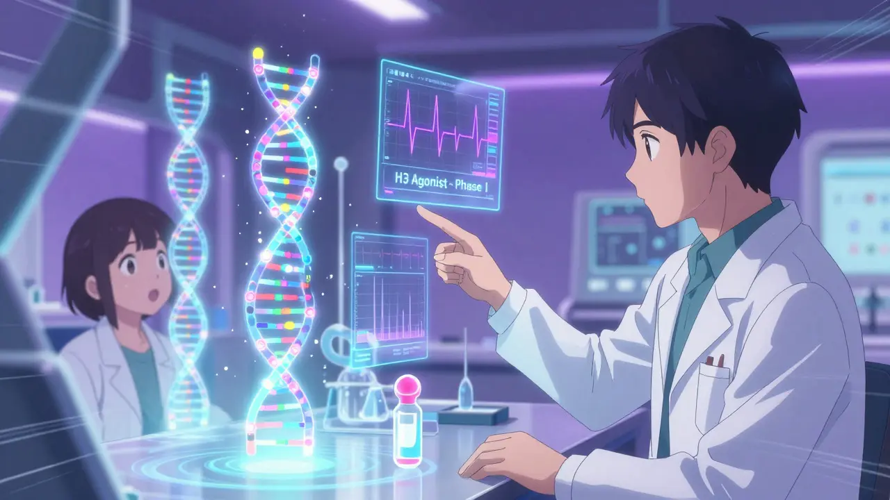 Scientists in lab studying DNA and holographic heart data, prototype H3 Agonist drug visible, neon colors, futuristic setting.