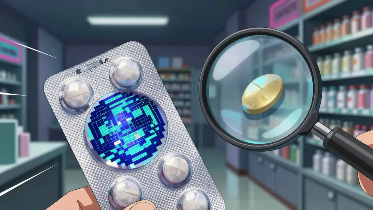 Side-by-side comparison of real and fake medicine holograms under phone light, one shifting colors smoothly, the other flat and pixelated.