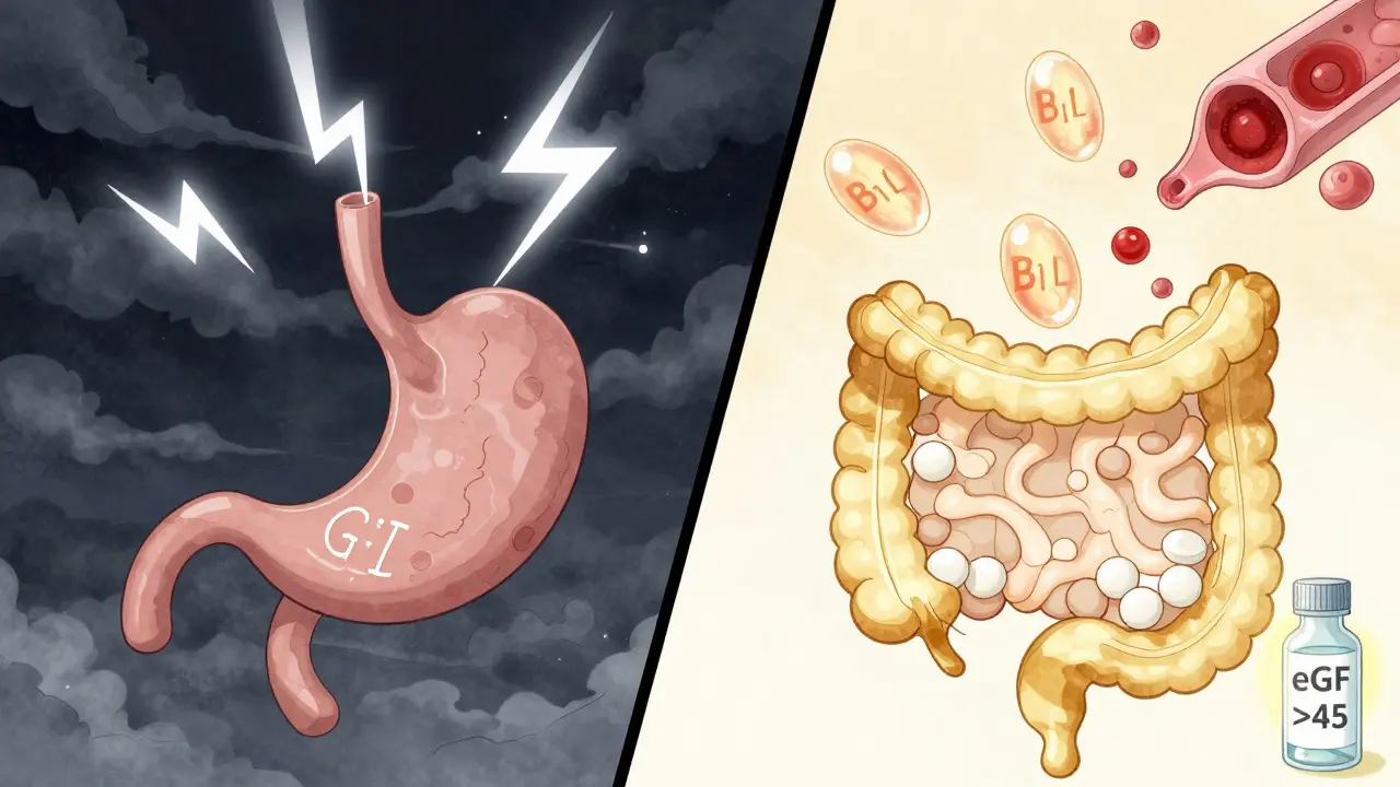 Split panel: chaotic stomach with lightning vs. calm digestive tract with glowing B12 molecules and eGFR safety label.