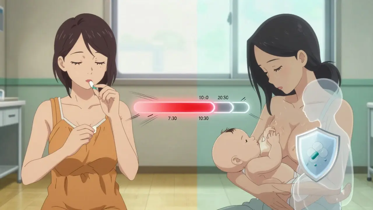 Split scene of a mother taking medication and later breastfeeding, with a timeline showing drug concentration dropping over time.