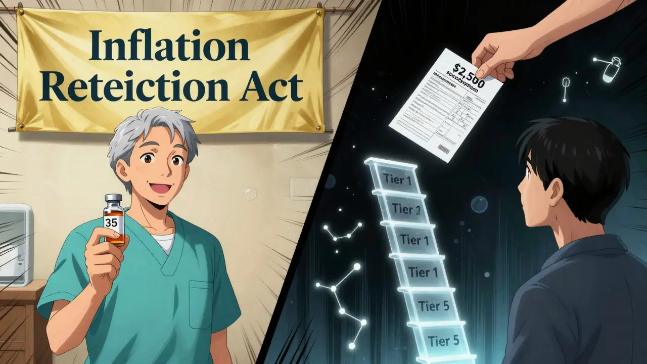 Split scene: one person happy with low-cost insulin, another stressed over a high-cost specialty drug bill.