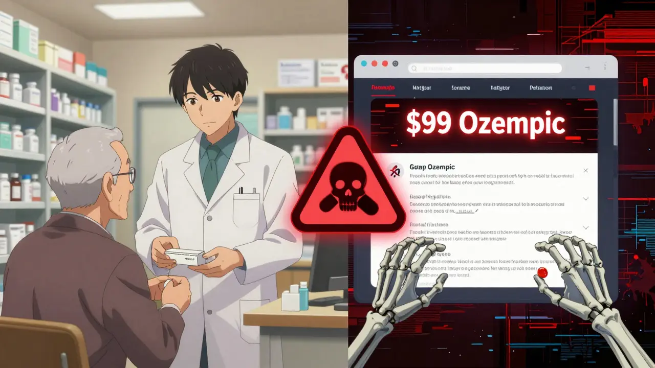 Split scene: safe pharmacy vs. glitching fake website with fentanyl pills reaching from the screen.