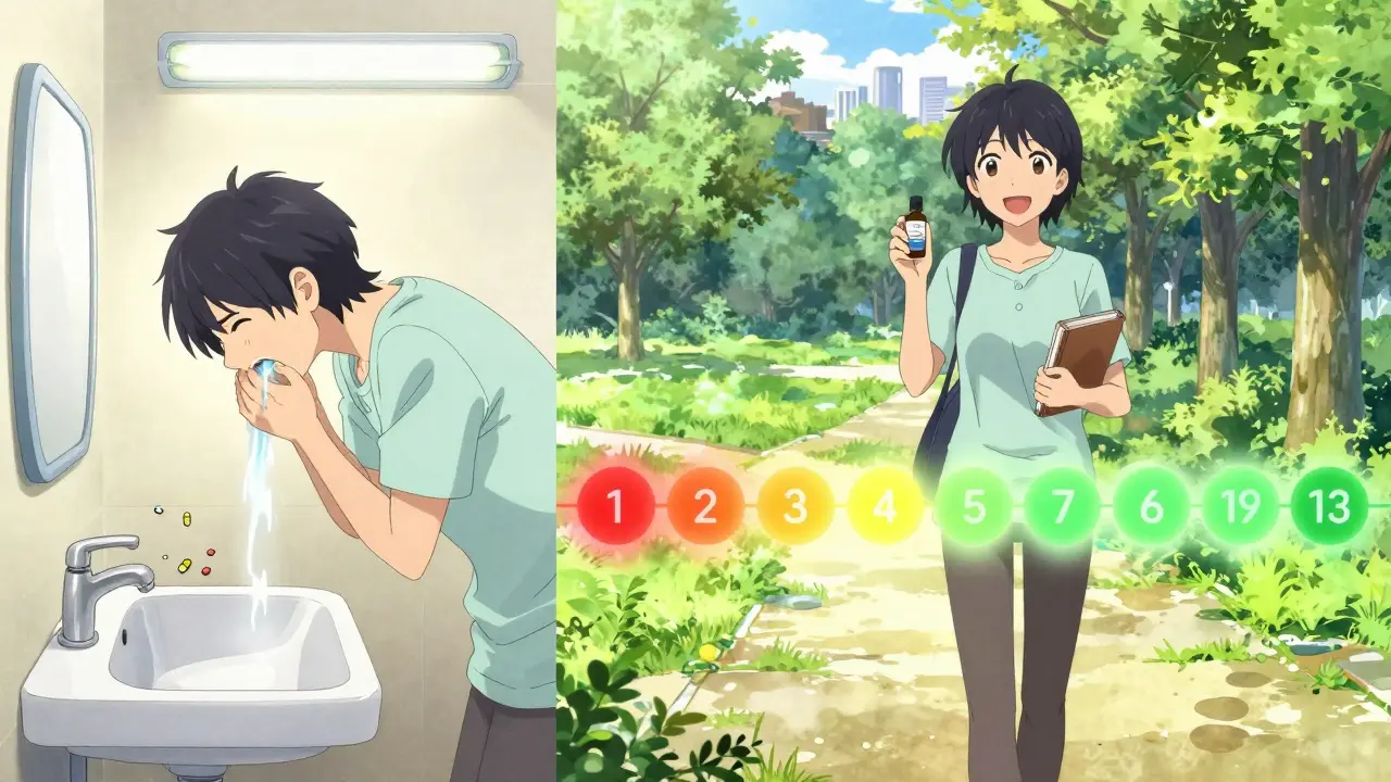 Split scene showing nausea on day 3 and recovery on day 14, with peppermint oil and journal.