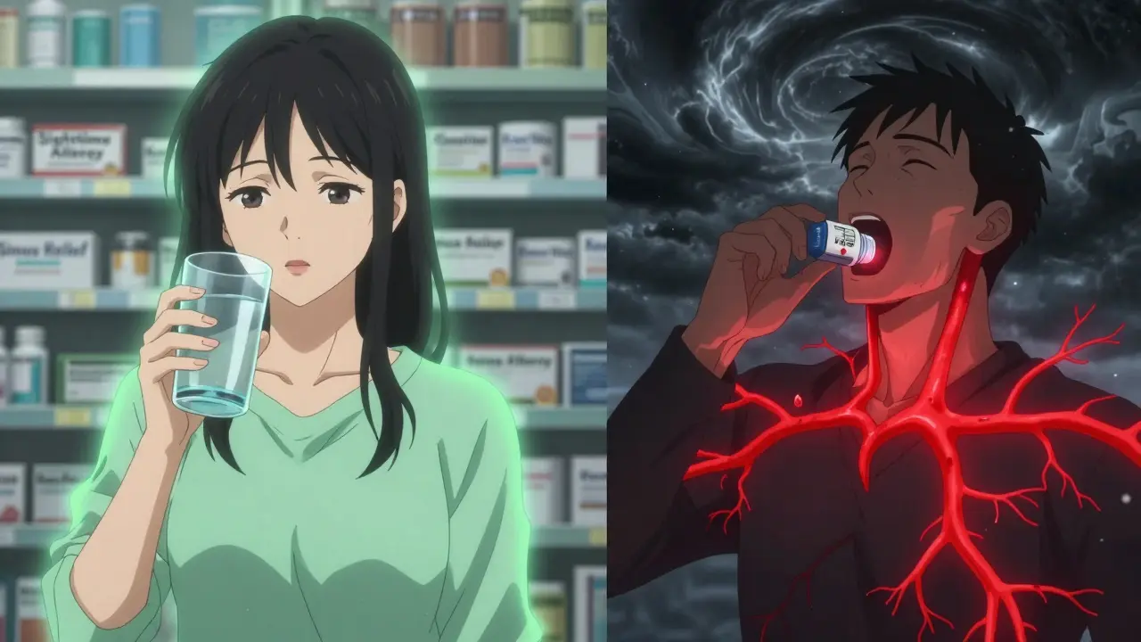 Split scene: woman safely taking Allegra with green aura vs. man with rising blood pressure after taking sinus combo pill.