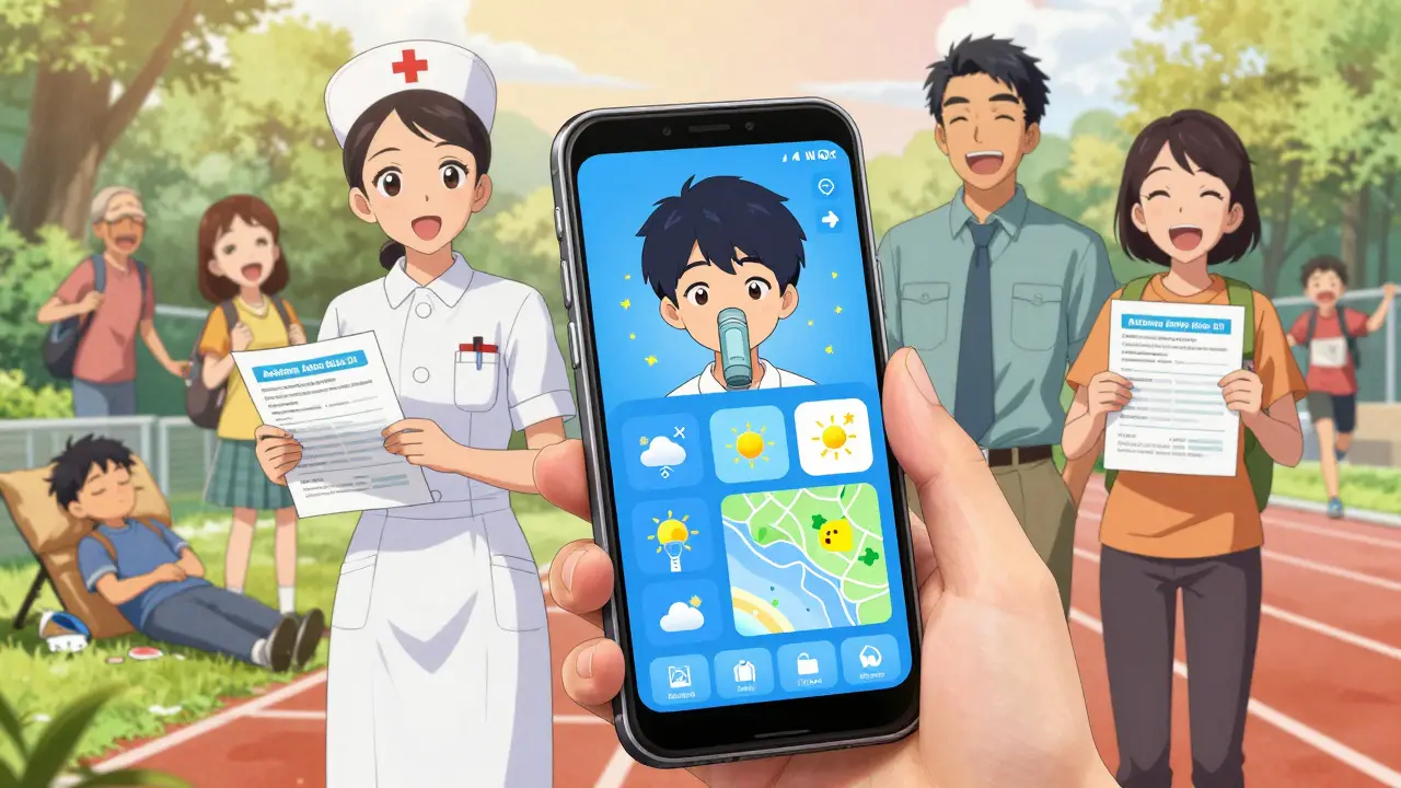 Teenager using asthma app with smart inhaler data while family holds printed action plan.