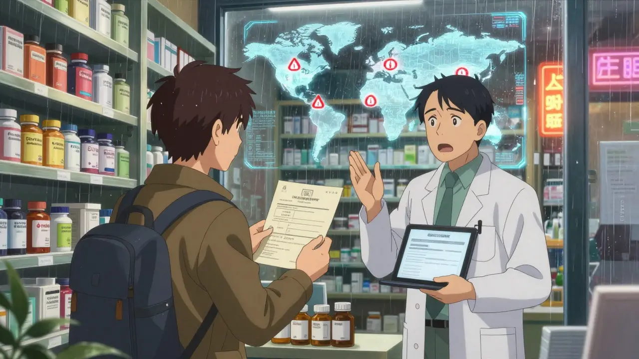 Traveler in foreign pharmacy presenting prescription and doctor’s letter to a pharmacist.