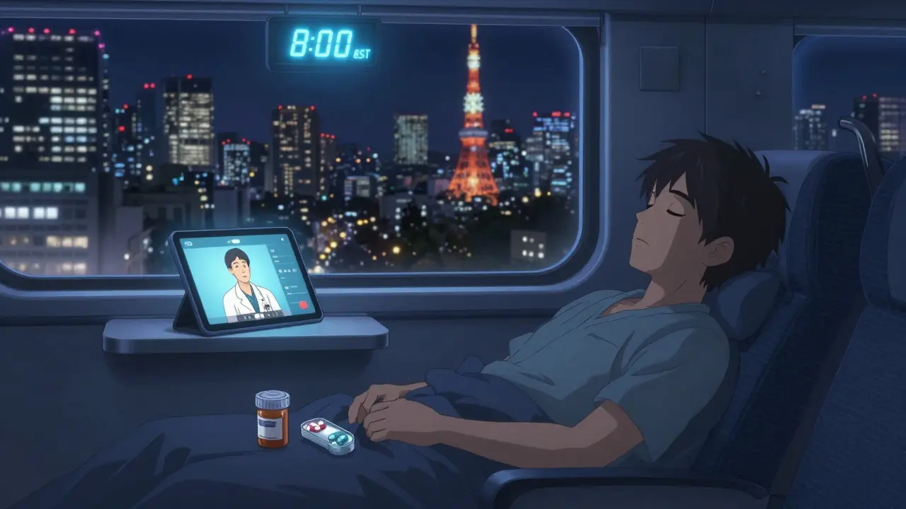 Traveler sleeping on a train with medication containers and telehealth call visible.