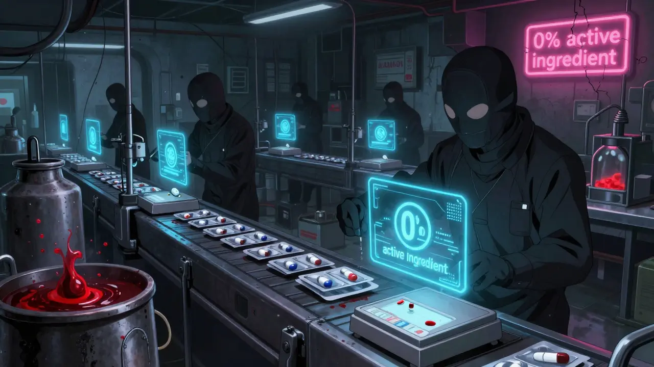 Underground lab workers print counterfeit pills using 3D printers, with toxic chemicals and holographic logos nearby.