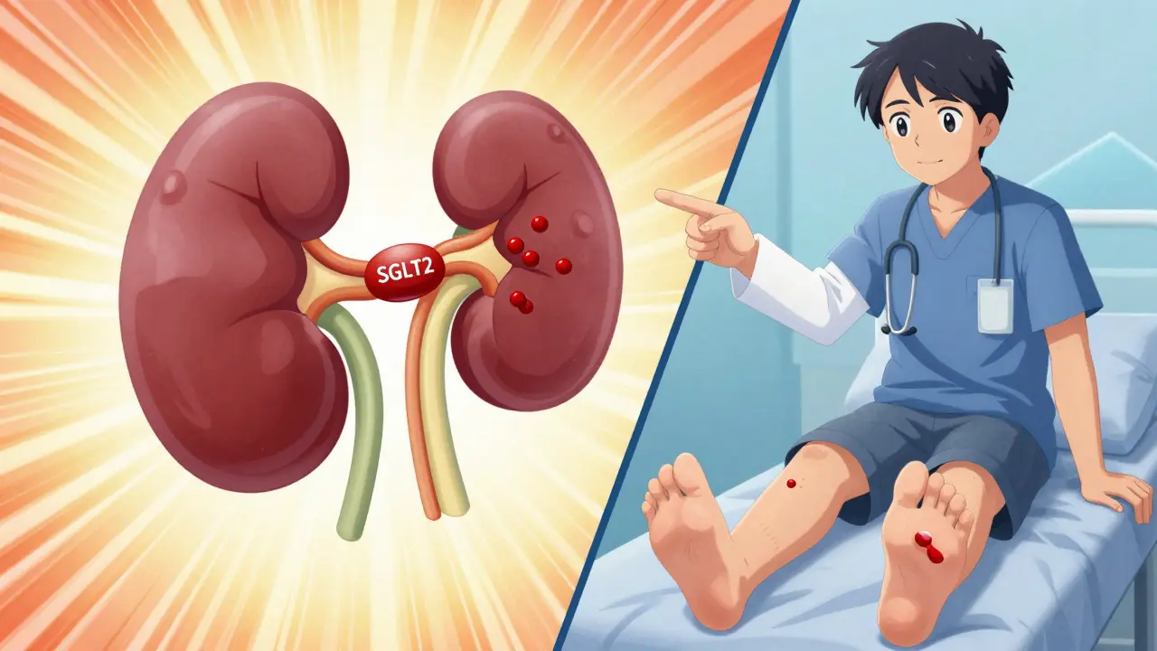 A kidney diagram showing blocked glucose reabsorption, with patient health risks on either side.