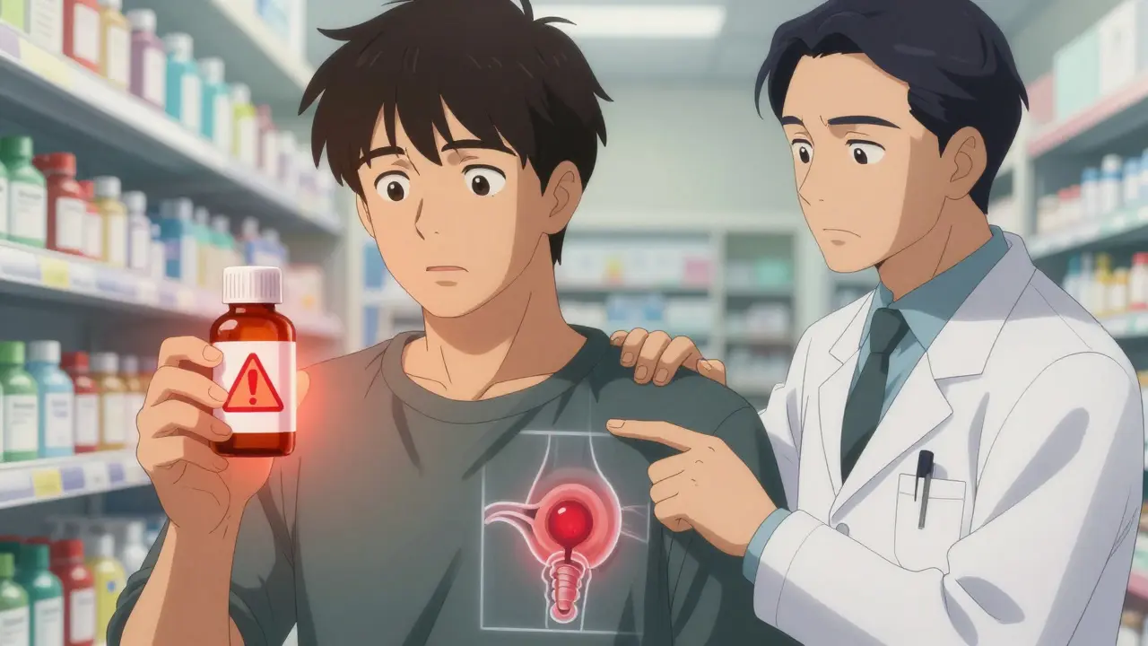 A man in a pharmacy being warned by a urologist about decongestant risks to the prostate.