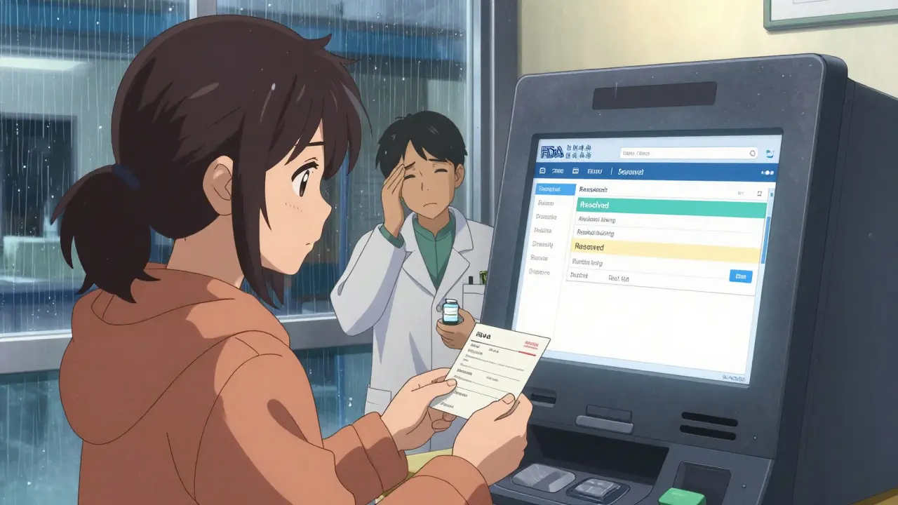A patient at a pharmacy kiosk viewing an FDA drug shortage status, while a pharmacist holds an empty vial, rain outside the window.