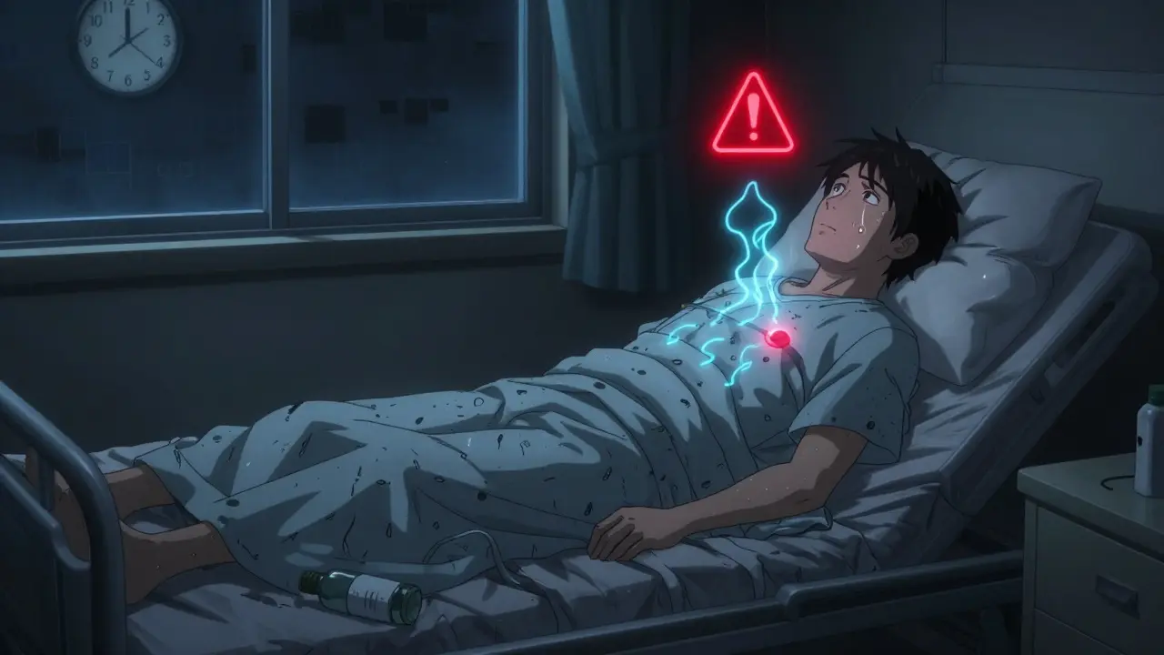 A patient in hospital at night with ketone waves rising, warning symbol glowing, water bottle spilled nearby.