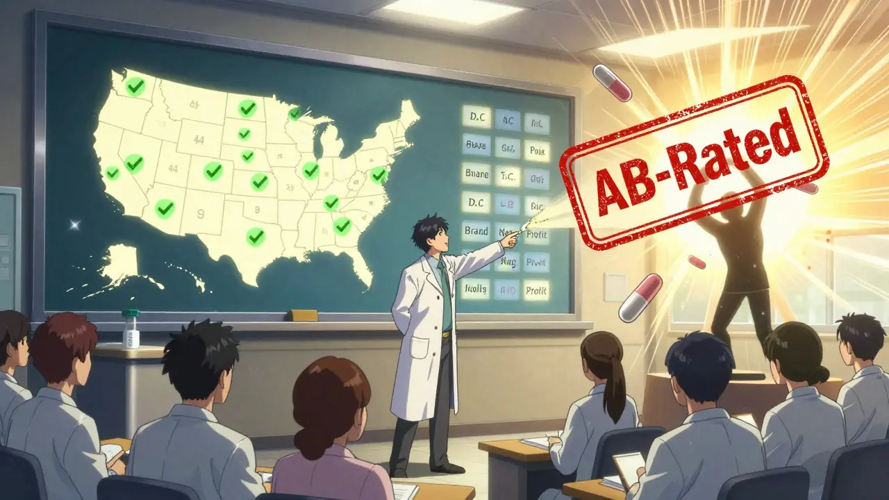 A pharmacist stands before a wall of drug labels, crushing a 'Brand-Name Profit' shadow with an FDA AB-Rated stamp as U.S. states light up in green.