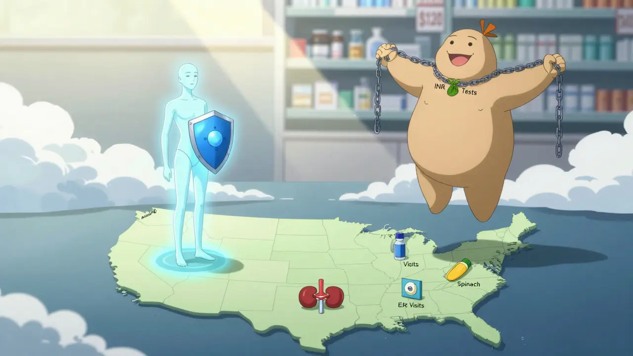 A symbolic scale balancing Apixaban and Warfarin, with icons representing health risks and cost barriers.