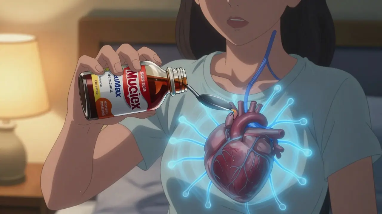 A woman pouring cold medicine as pressure waves radiate from her chest, showing internal strain from decongestants.