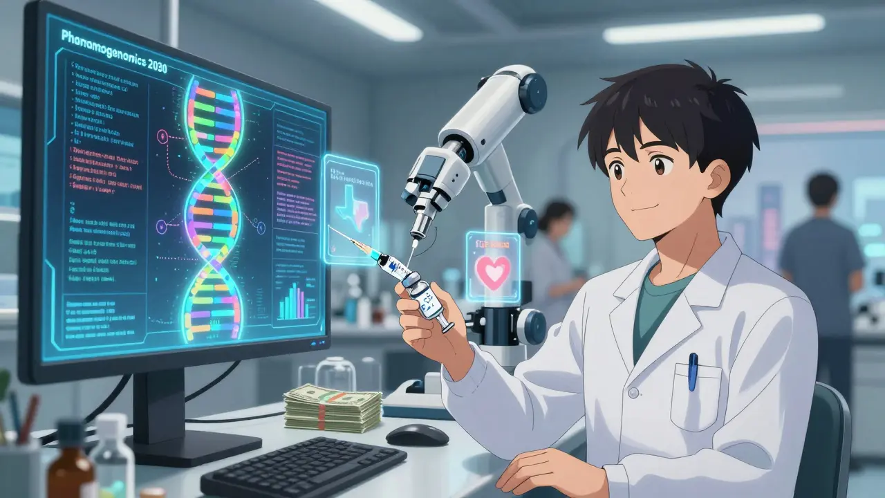 A worker's DNA glows with drug response predictions in a futuristic lab, with biosimilars and pharmacogenomics icons floating around them.