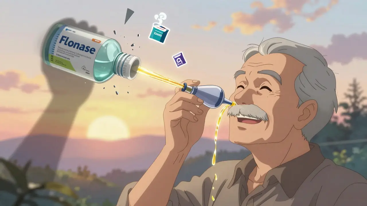 An elderly man using a neti pot with glowing saline, while decongestant bottles crumble into dust.