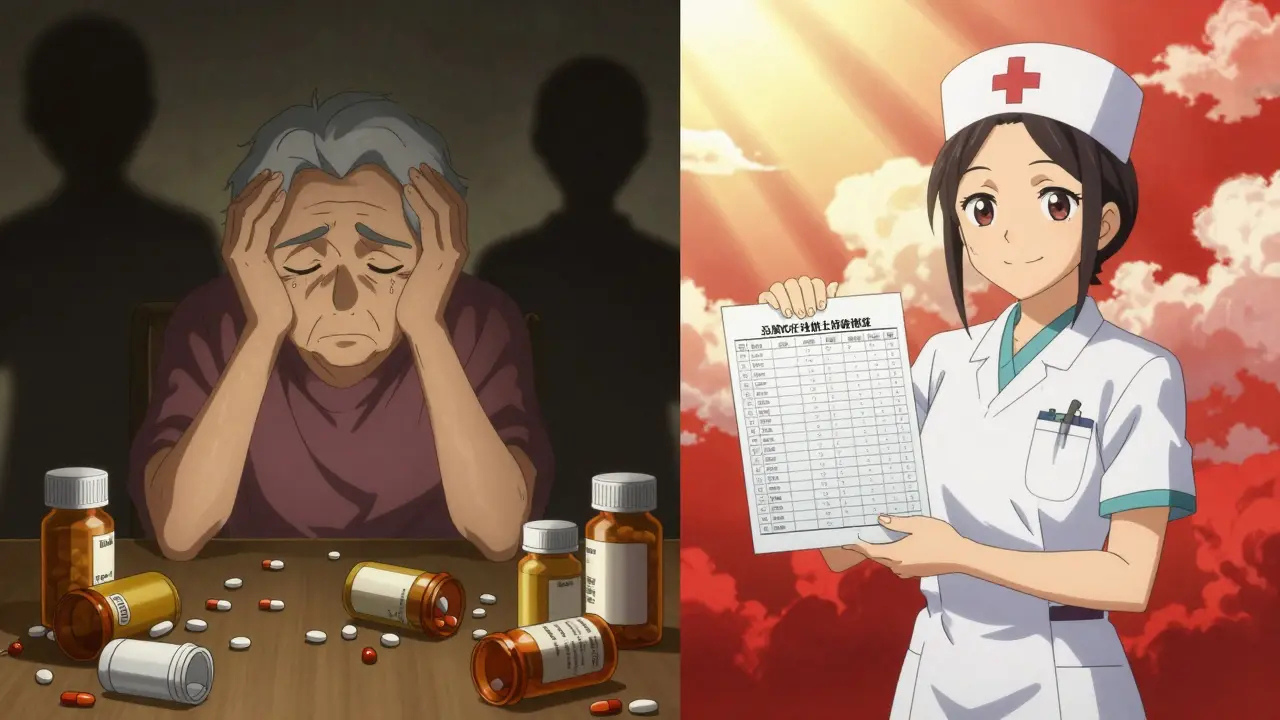 Contrasting scenes of medication confusion versus organized care, with a nurse holding an updated medication chart.