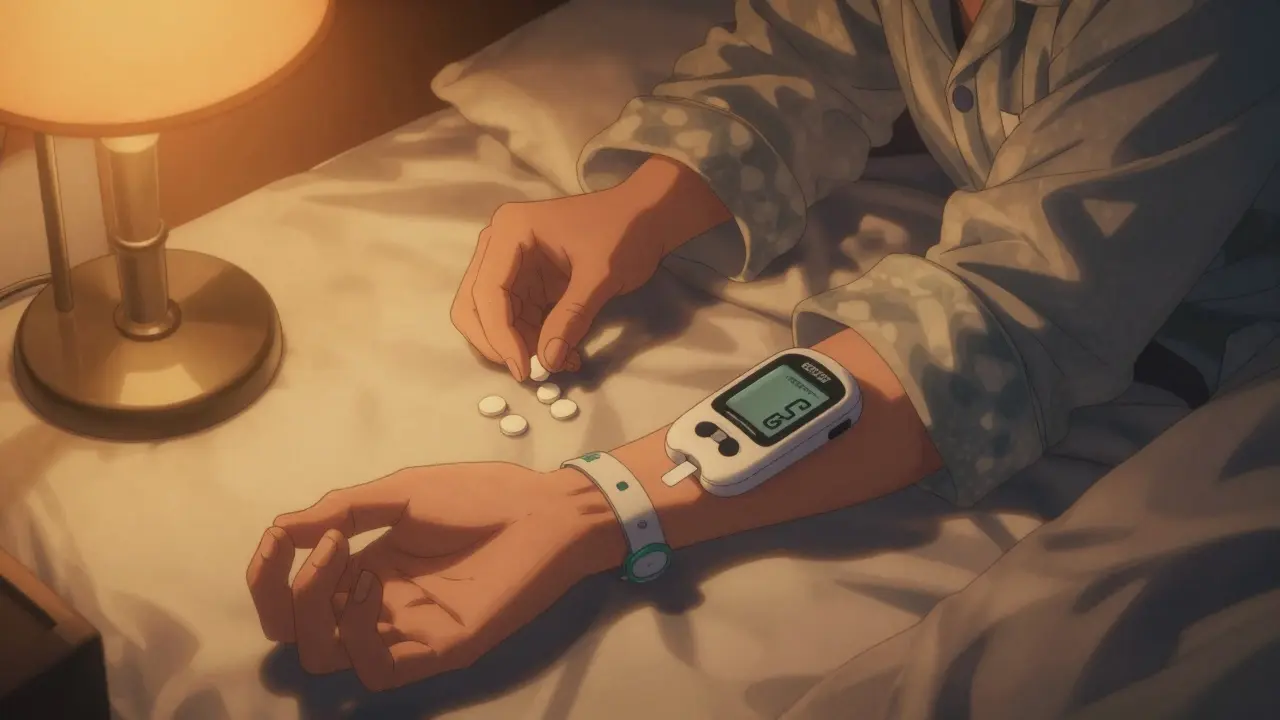 Diabetic checking blood sugar before bed with glucose tablets.