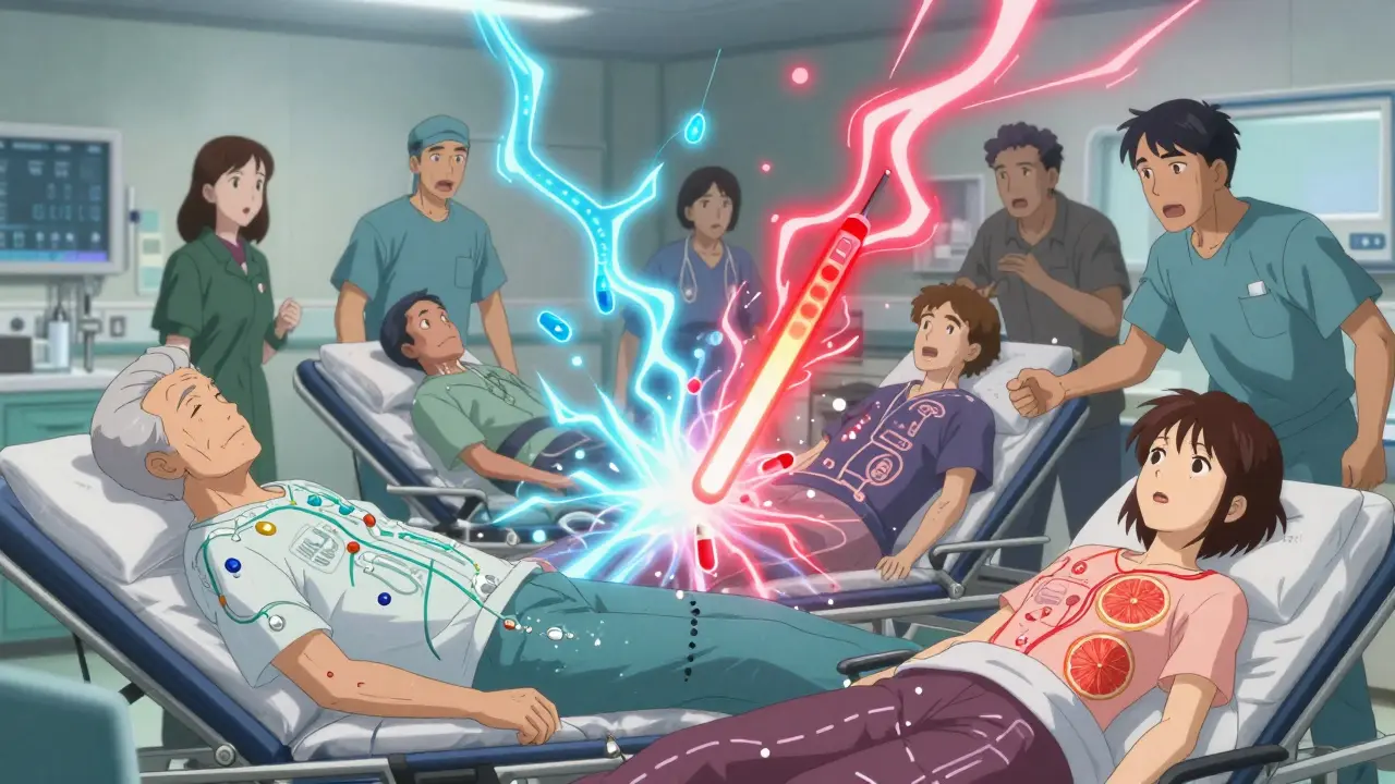 ER scene with patients showing clashing drug interactions as glowing energy storms in their bodies.