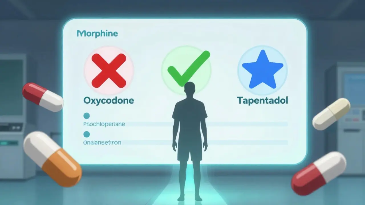 Opioid and antiemetic symbols floating around patient silhouette, showing medication transition.