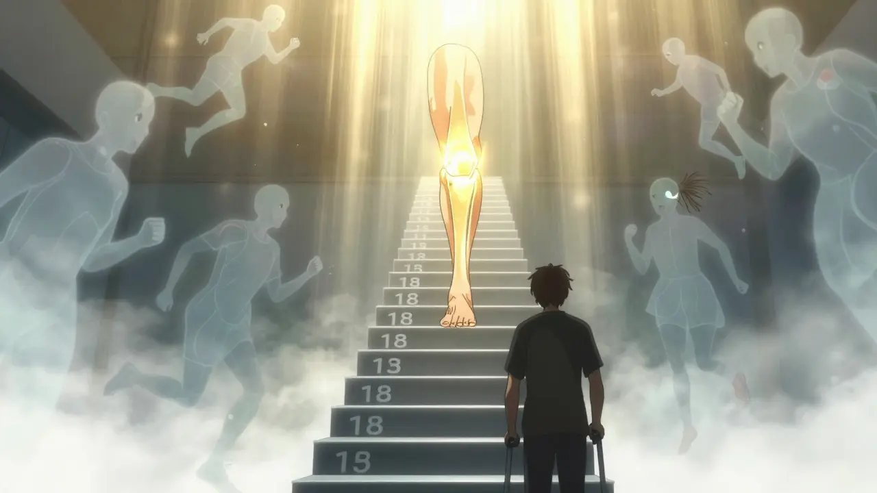 Rehabilitation journey shown as a stairway of milestones leading to a restored healthy knee