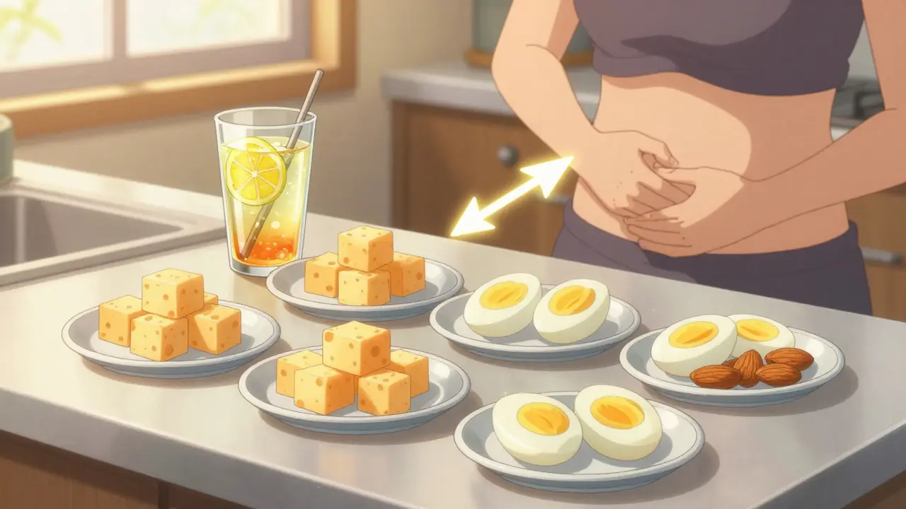 Small protein-rich snacks and electrolyte drink on counter, glowing hydration symbol nearby.