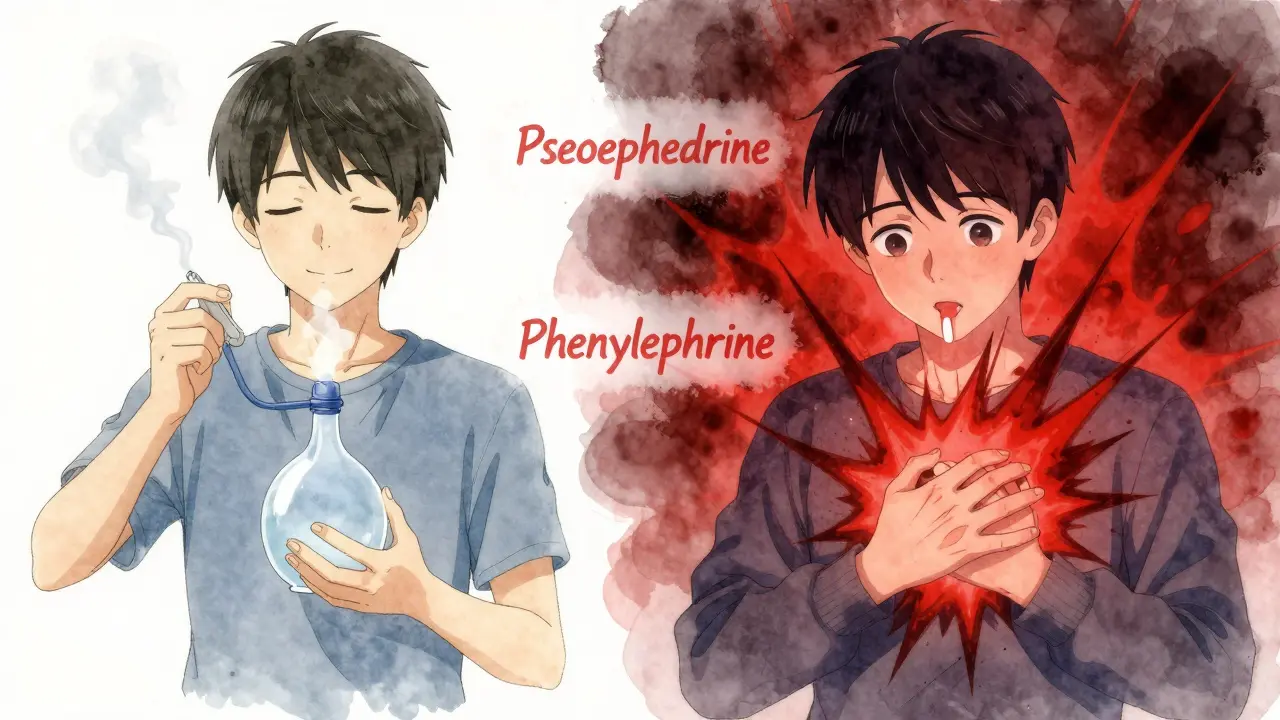 Split scene: one side shows safe nasal rinse with steam, the other shows dangerous decongestant effects with shockwaves.