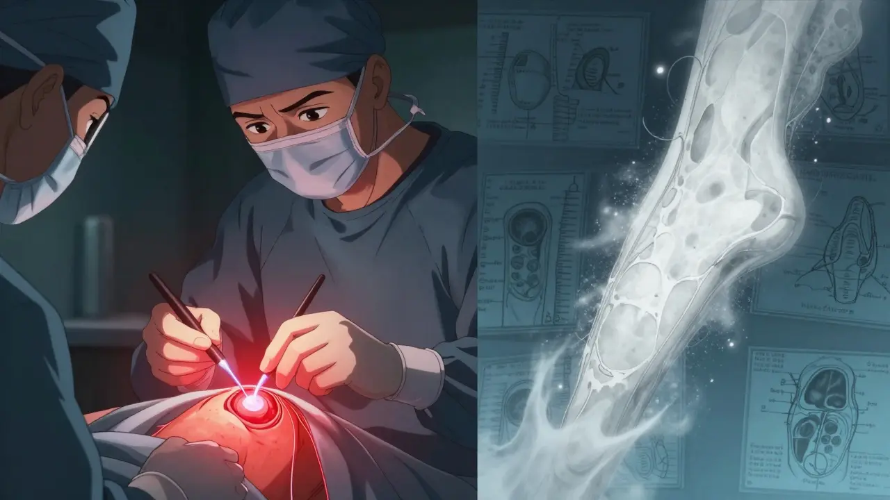 Surgeon repairing a meniscus tear with glowing sutures, contrasting healing and degenerating zones