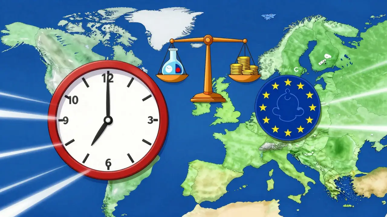 US and EU regulatory symbols showing 7 vs 10 year exclusivity with pediatric extension
