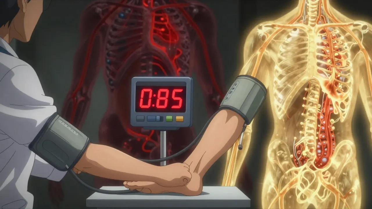 A doctor measuring ankle and arm blood pressure, with glowing digital readout showing low ratio and dim arterial flow in background.