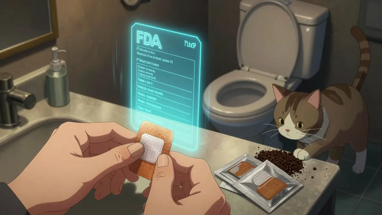 A fentanyl patch being folded and prepared for flushing, with a toilet in the background.