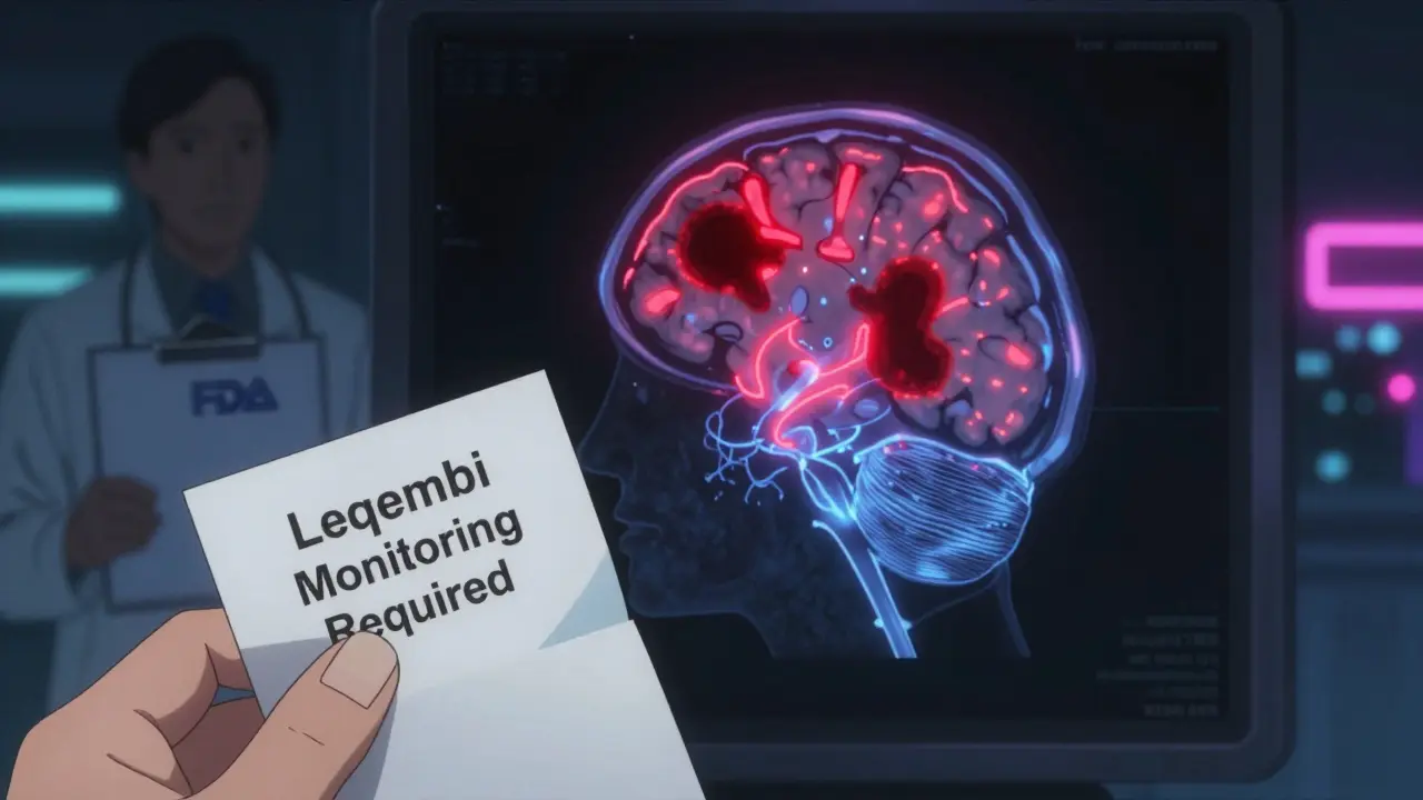 A glowing brain MRI shows dangerous lesions, with a hand holding an appointment slip for Leqembi monitoring under dim city lights.
