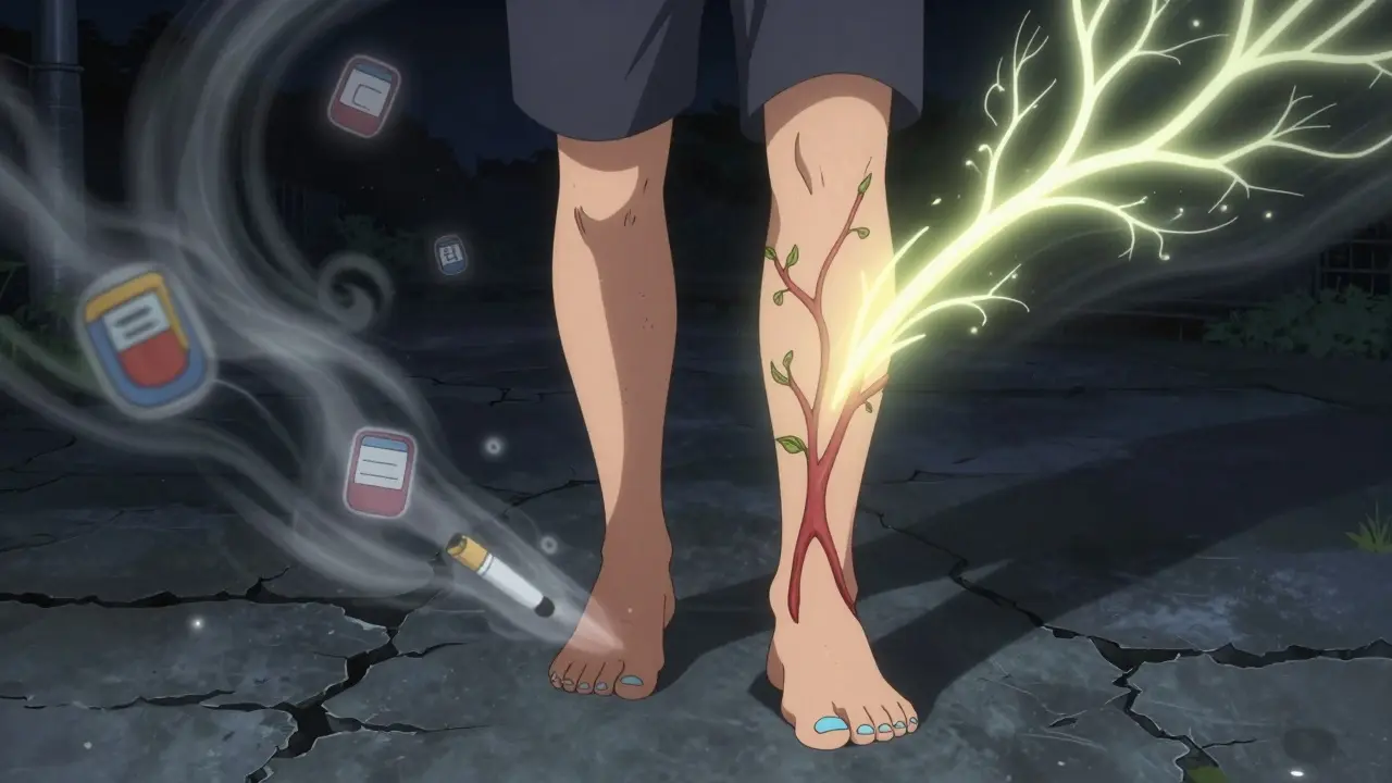 A man with a foot wound at night, surrounded by health risk icons, while new blood vessels glow above his leg like vines.