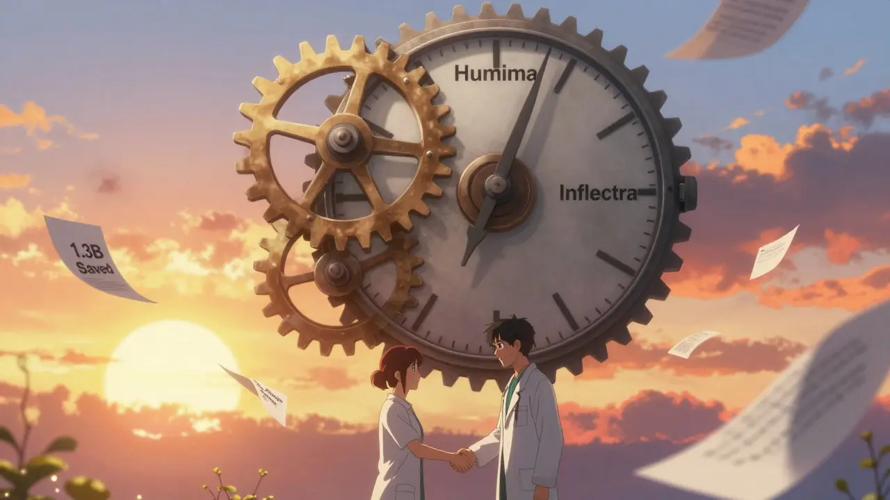 A molecular clock with twin gears turning in sync, doctor and patient shaking hands under a sunrise.