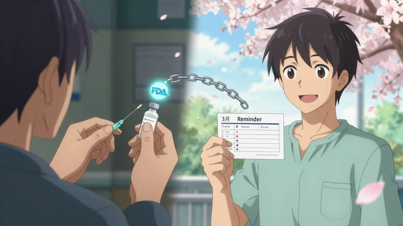 A patient transitions from monthly blood tests to quarterly monitoring, with chains breaking as an FDA logo glows above.