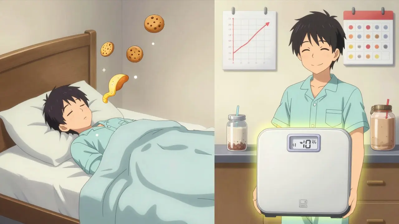 A split scene of someone sleeping peacefully and later smiling at a stable weight scale with weekly check-in markers.