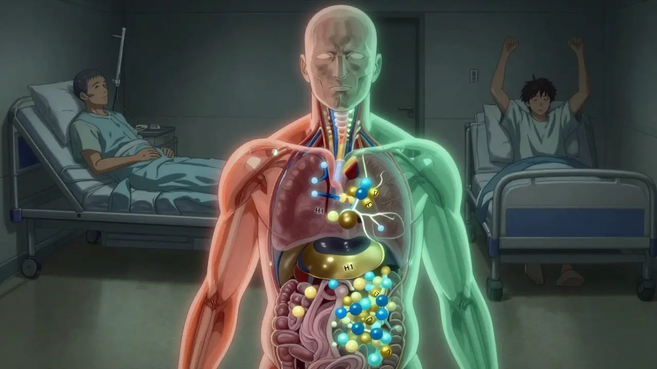 A translucent human torso with glowing receptors and pathways showing mirtazapine's effects on metabolism and appetite.