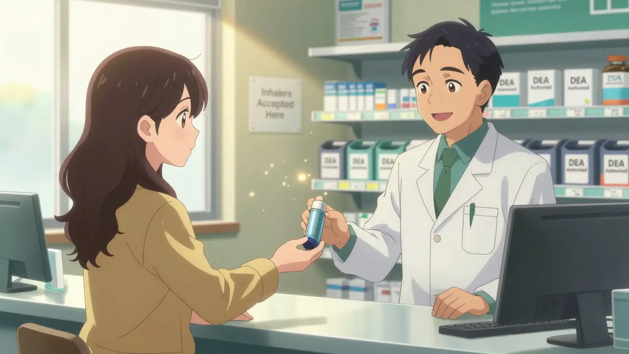A woman handing an expired inhaler to a pharmacist at a pharmacy take-back bin.