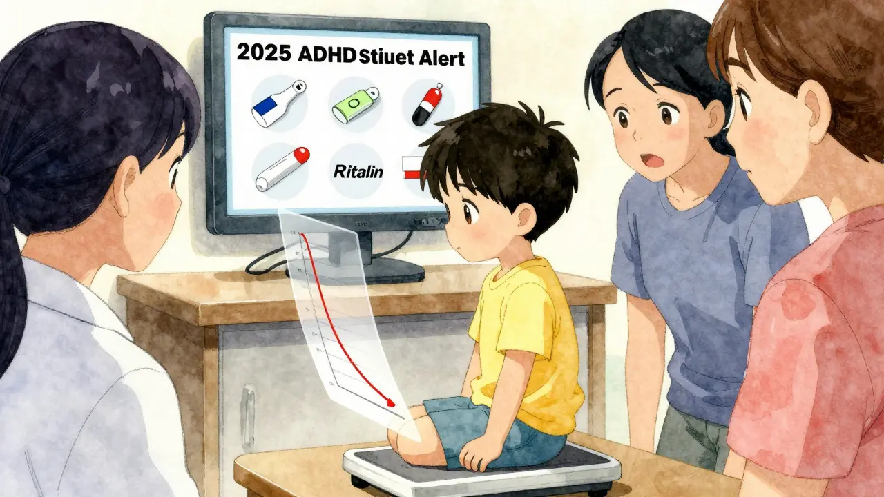 A young child on a scale with a fading growth chart, parents watching anxiously as ADHD medication warnings appear on a monitor.
