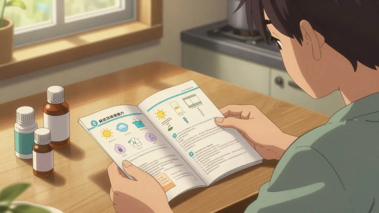 Anime style person reviewing medication guide with warning icons at home table