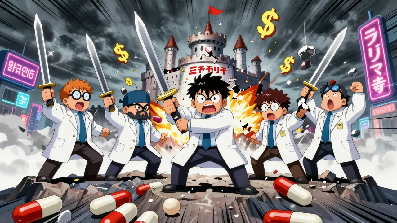Cartoon generic drug manufacturers in lab coats battling with price-cutting swords, brand-name castle exploding behind them.