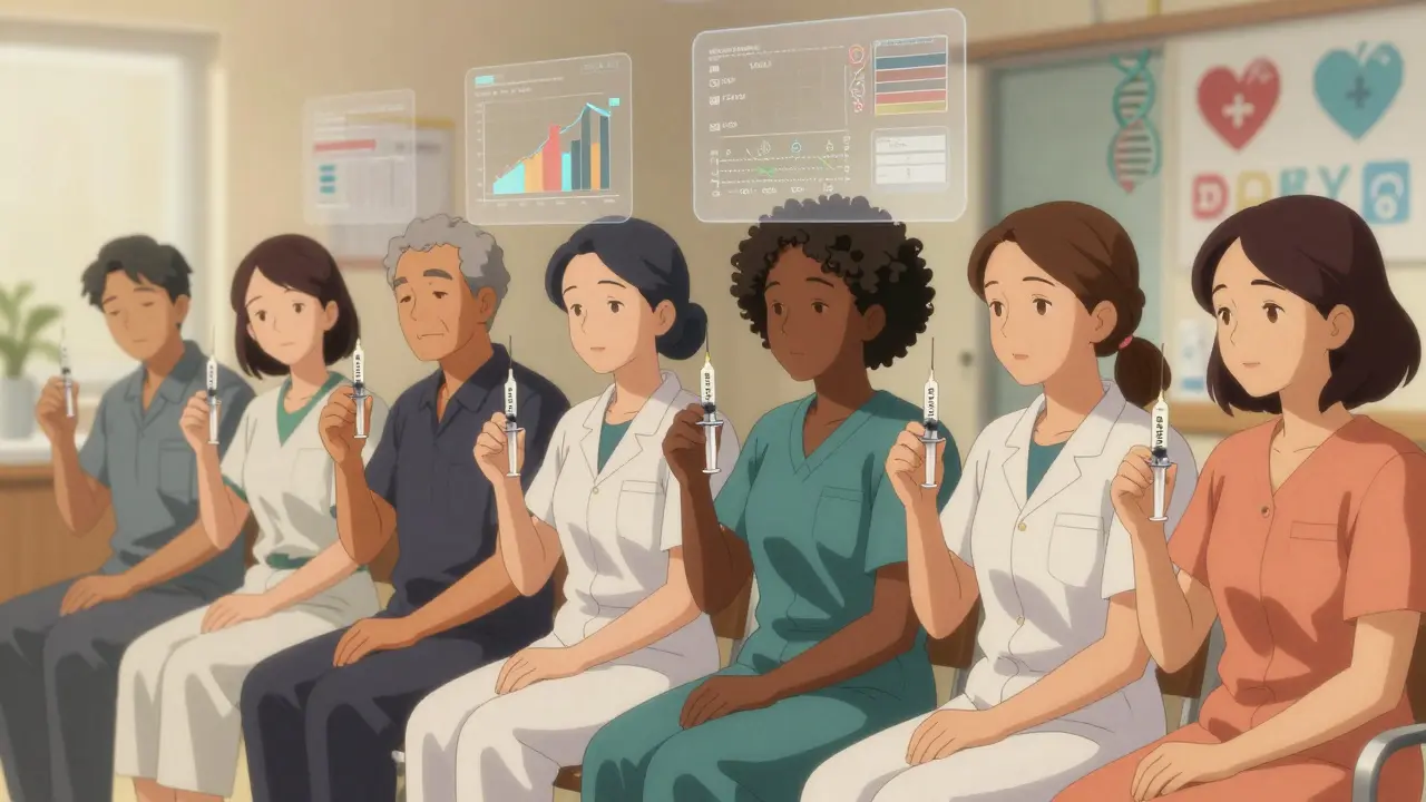 Diverse patients in a clinic holding biosimilar syringes, with floating scientific data above them.