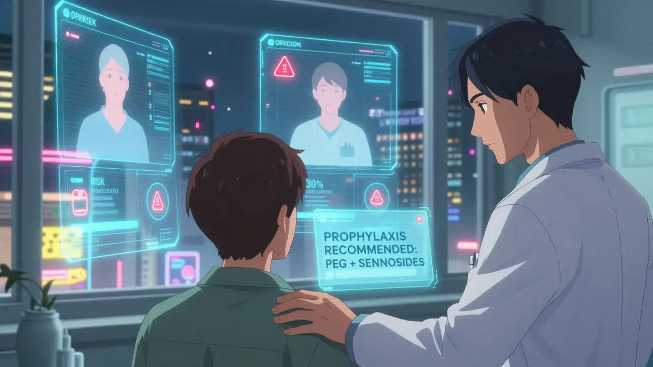 Futuristic clinic with AI warning system recommending preventive laxatives for opioid users.