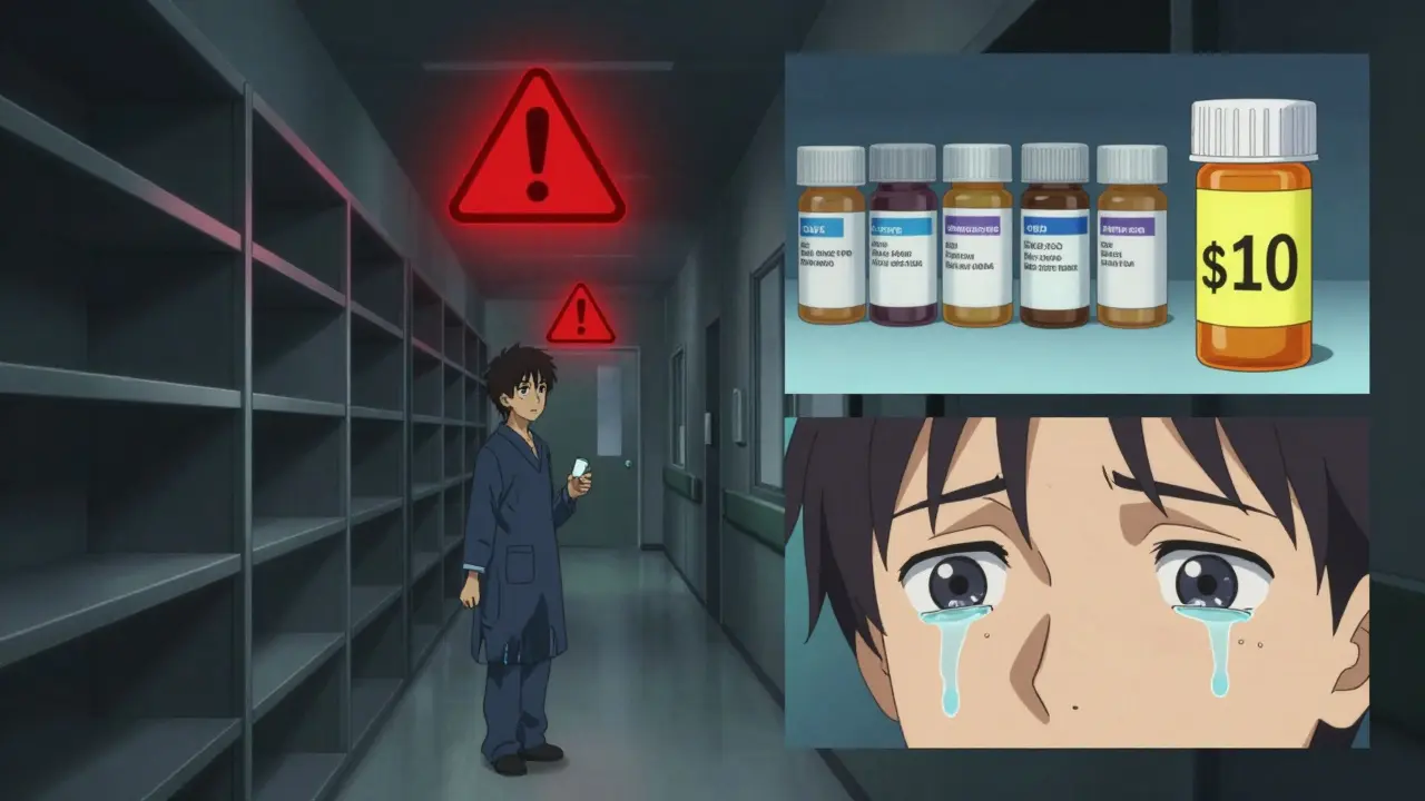Patient alone with single-manufacturer drug bottle, dark shelves and glowing red warnings, contrasted by bright pastel flashback.