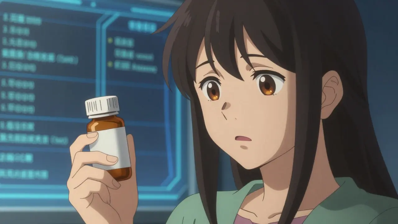 Patient examining a prescription bottle closely with concern