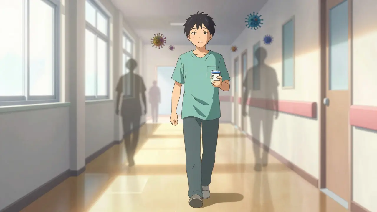 Patient walking down a sunlit hospital hallway holding a medication bottle.