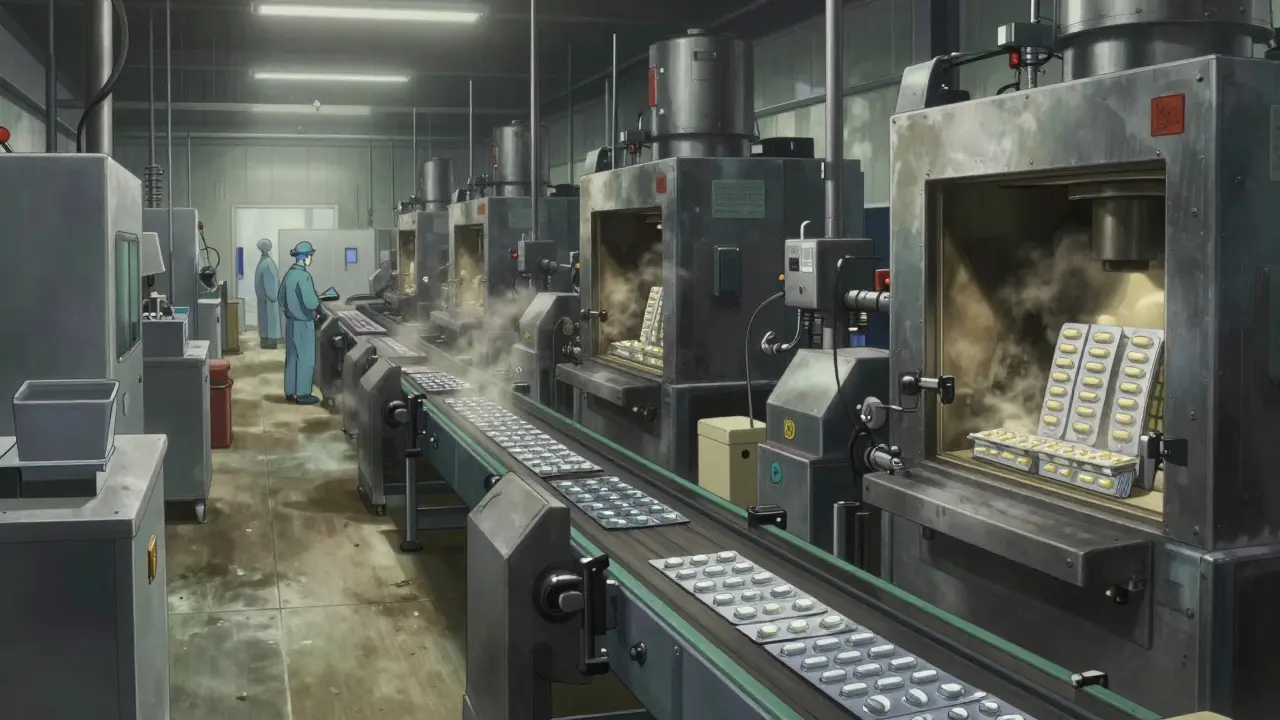 Pharmaceutical factory interior with conveyor belts and workers