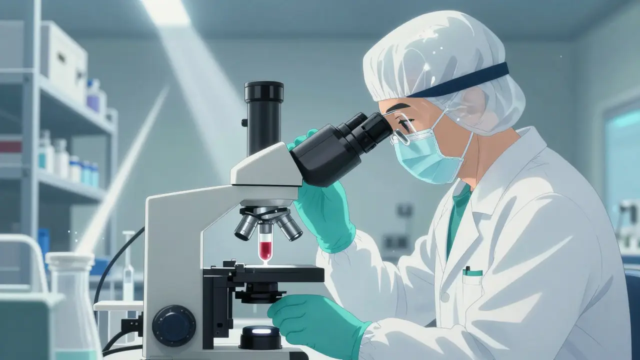 Researcher examining a glowing blood vial in a high-tech laboratory.