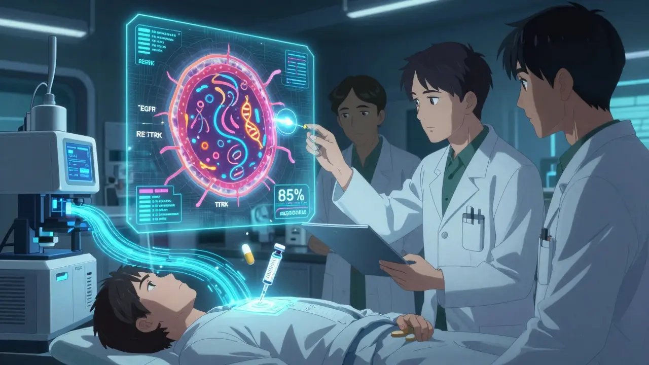 Scientists analyze a holographic cancer genome map with glowing gene mutations and targeted therapies.